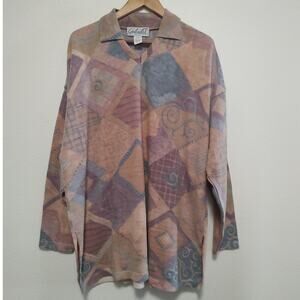 Gabriella T. Abstract Merino Wool Blend Long Sleeve V-Neck Tunic Sweater Size 2X